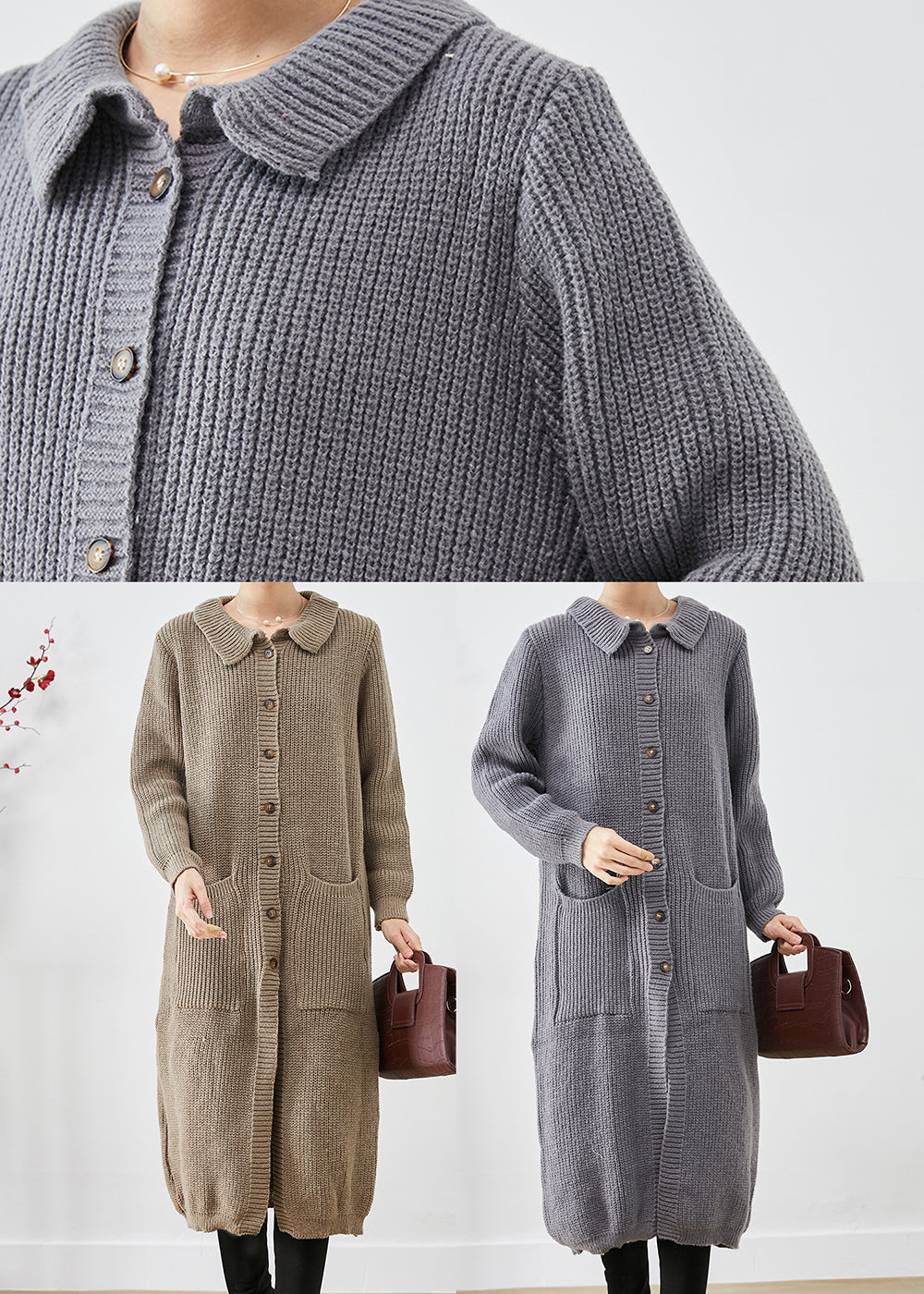 WW | Size Gray Button-Down Pockets Knit Long Coats