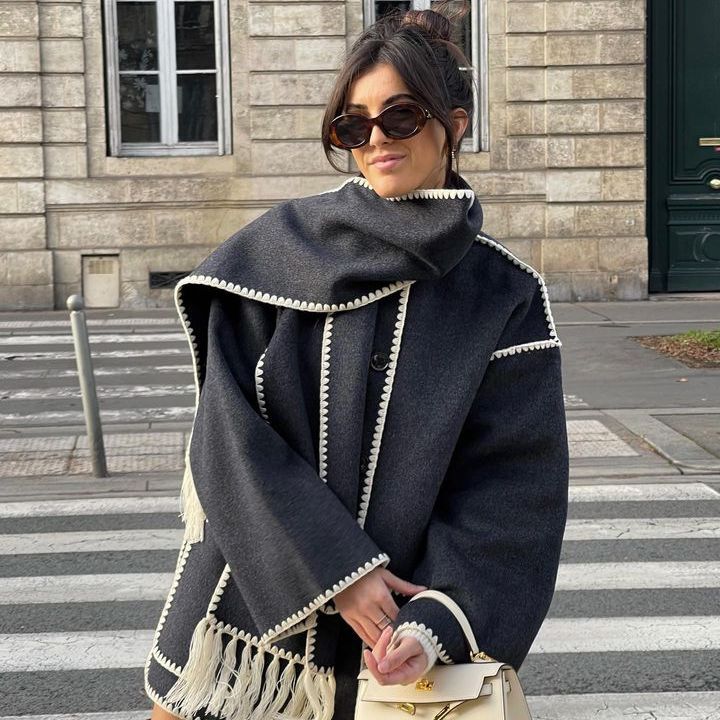 WW | Blend Cape Coat - Fringe Trim - Oversized - Elegant Statement Outerwear