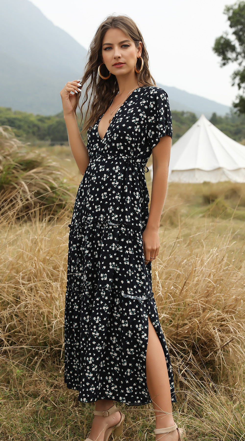 WW | Summer Floral Print Ruffle Boho Maxi Dress