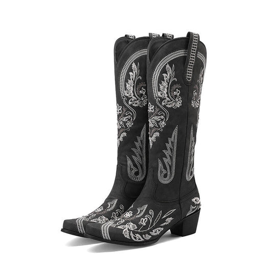 WW | Bestickte Western Denim Retro Damen Knielange Stiefel