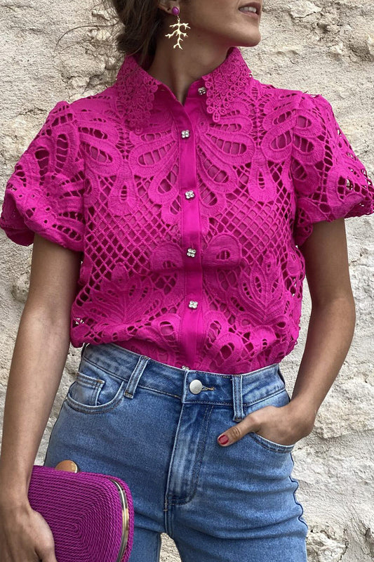 WW | Casual Solid Lace Hollowed Out Turn-down Collar Tops