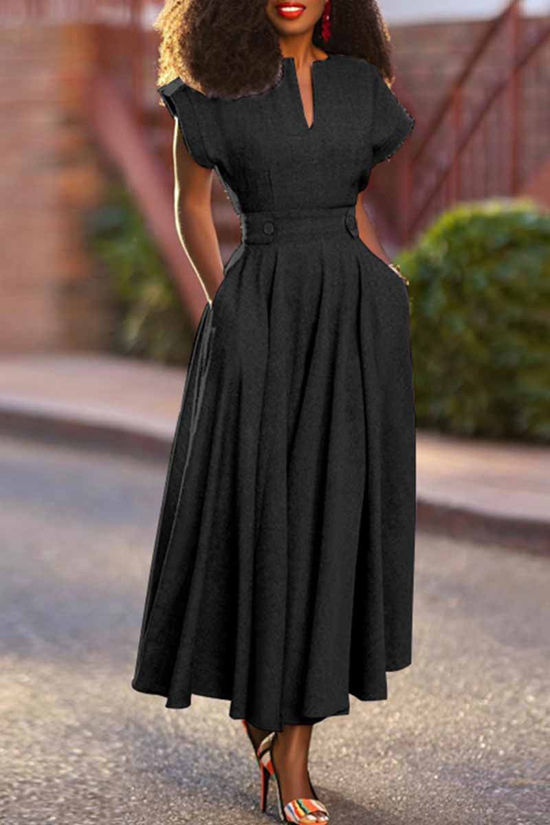 WW | Casual Plain Patchwork V-Neck Short Sleeve Dresses