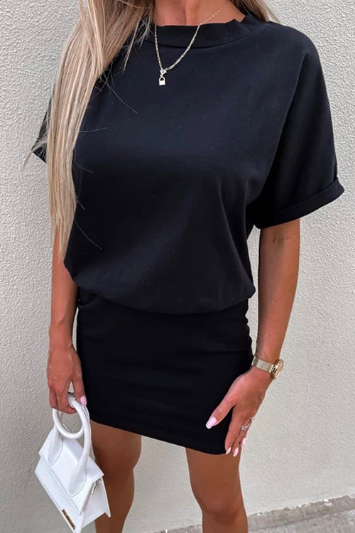 WW | Rosiedress Rundhals Kurzarm Tailliertes Uni Mini Kleid