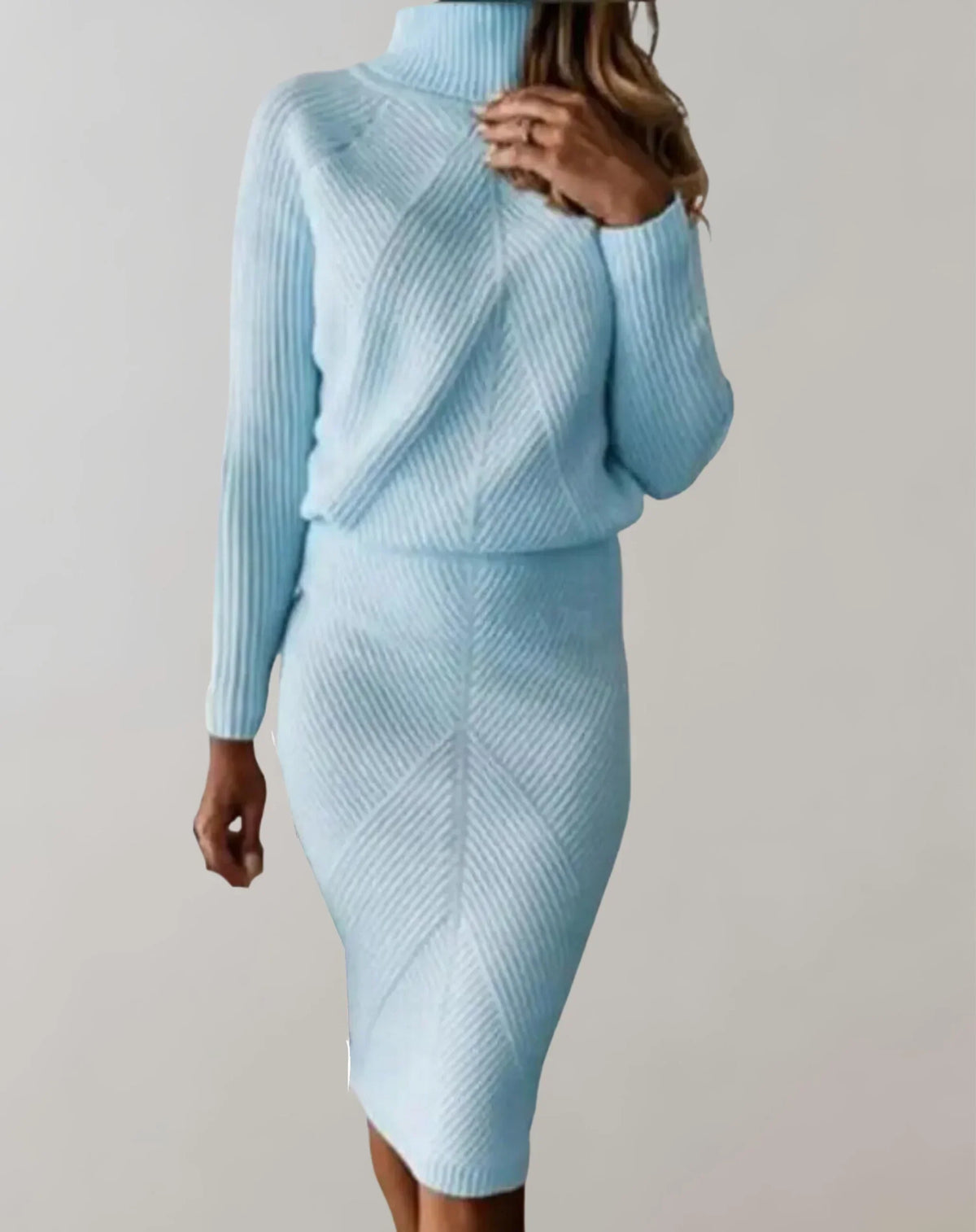 WW | Ribbed Two-Piece Set Slim Fit Turtleneck Sweater and Midi Skirt