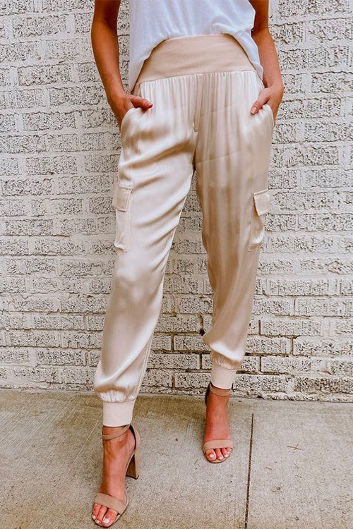 WW | Rosiedress Mode Stil Hohe Taille Satin Hose mit Taschen