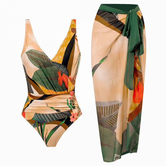 WW | Rosiedress Wrap V-Neck Ruched One-Piece Swimsuit and Wrap Cover-Up Skirt Printed Set