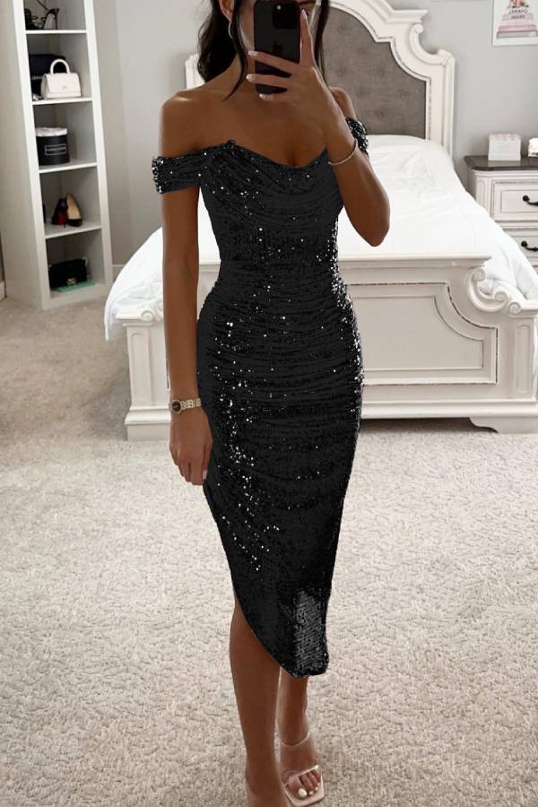 WW | Shawl Collar Sequin Midi Dress