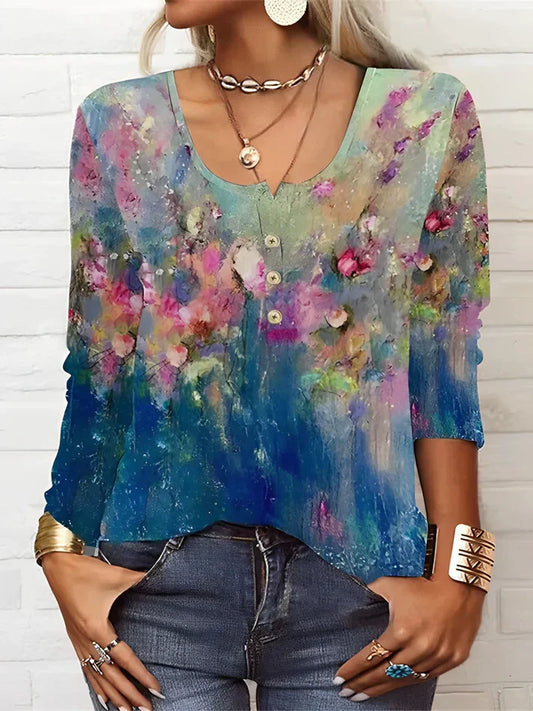WW | T-Shirt mit Langen Ärmeln und Blumenprint mit Rundhalsausschnitt und Langen Ärmeln