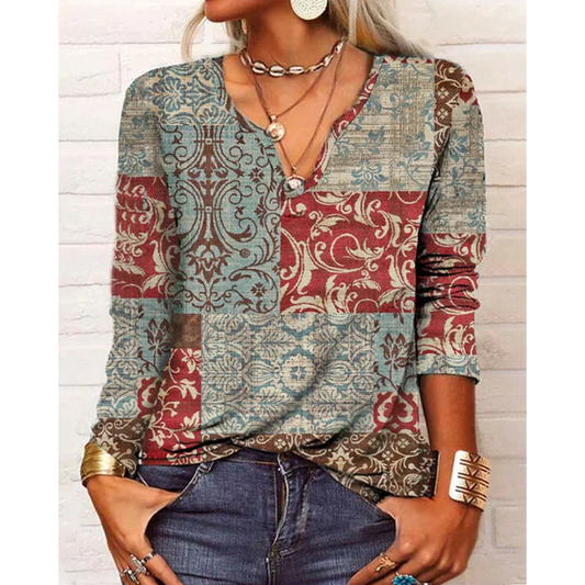 WW | Stil V-Hals-Bluse mit langen Ärmeln - Buntes Blumenmuster-Design für Damen