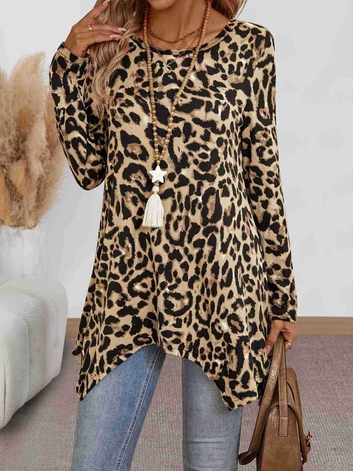 WW | Leopard Print Round Neck Long Sleeve T-Shirt