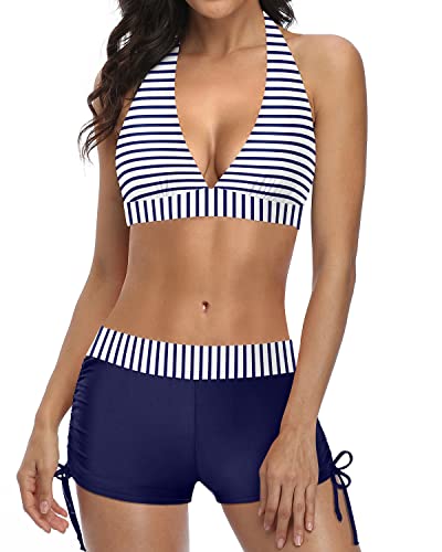 WW | Sportlicher Zweiteiler Badeanzug Mit Push up Bikini Und Boyshort Blau Weiß Gestreift