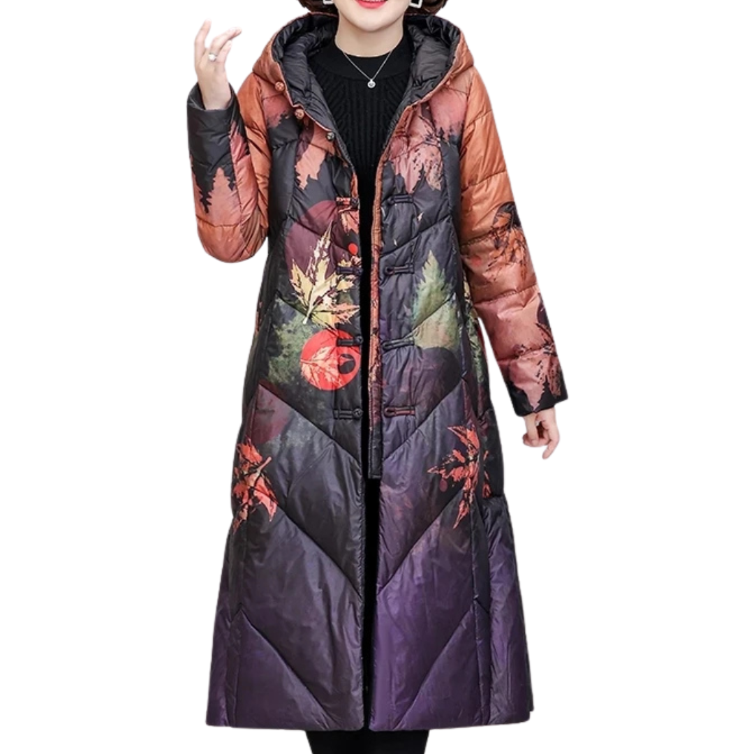 WW | Damen Lange Winter Puffermantel Blattdruck