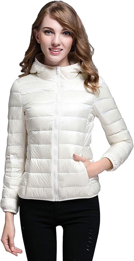 WW | Winterdaunenjacke mit Kapuze für Damen Weiß und Schwarz - faltbare Daunenjacke