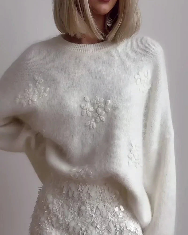 WW | Eleganter Pullover Aus Besticktem Blumenstrick Für Frauen