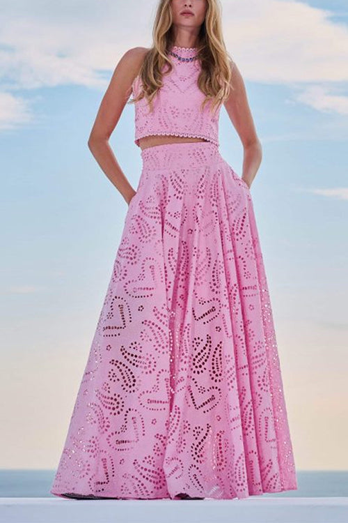 WW | Rosiedress Lace Hollow Out Round Neck Crop Tank Top High Waist Maxi Swing Skirt Set