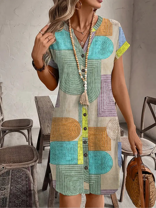 WW | Summer Shirt with Geometric Print V-Neck and Button Closure Elegant Midi Dress