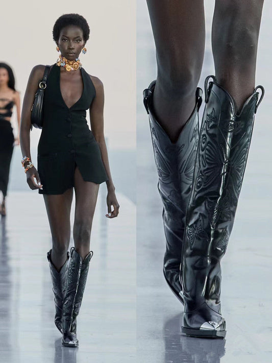 WW | Frauen Hochhackige Metall Spitz Zehen Schleife Bestickte Stiefel