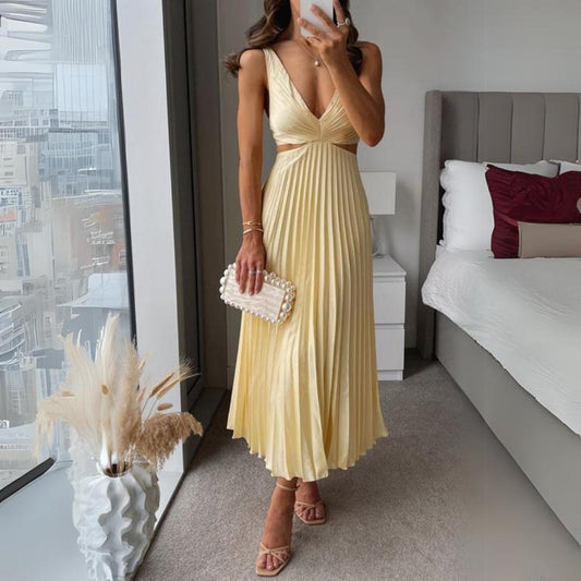 WW | Midi Dress Sleeveless V-Neck Twist Front & Cut Out Detail Pleated Skirt