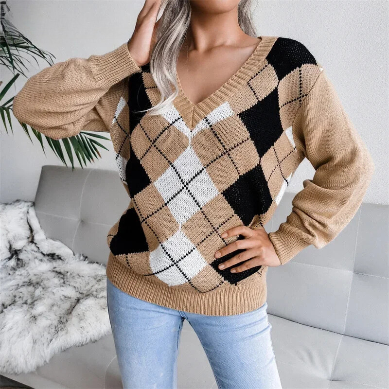 WW | Winterpullover mit V-Ausschnitt und Karomuster
