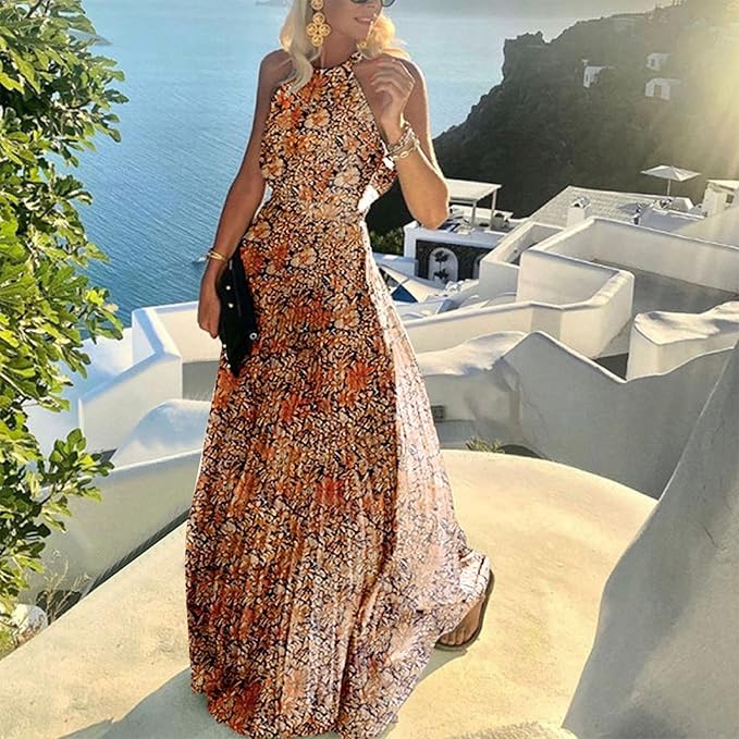 WW | Boho Print Patchwork Halter Pleated Dresses