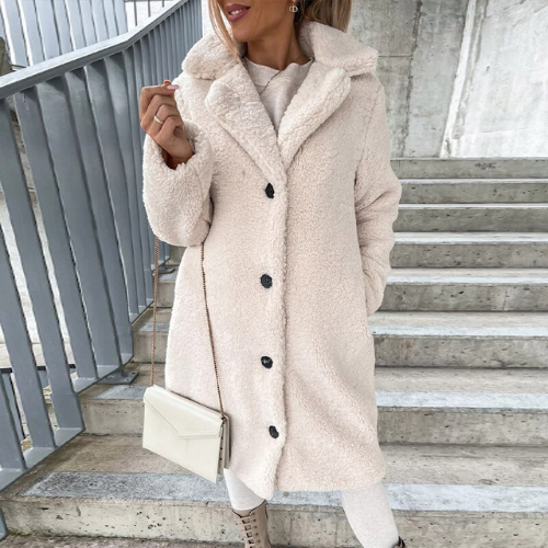 WW | Women's Long Coat - Faux Fur Fleece - Plus Size - Lapel Collar - Button Closure