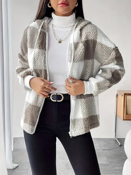 WW | Cuddly Hooded Jacket – Plaid & Fluffy with Zipper