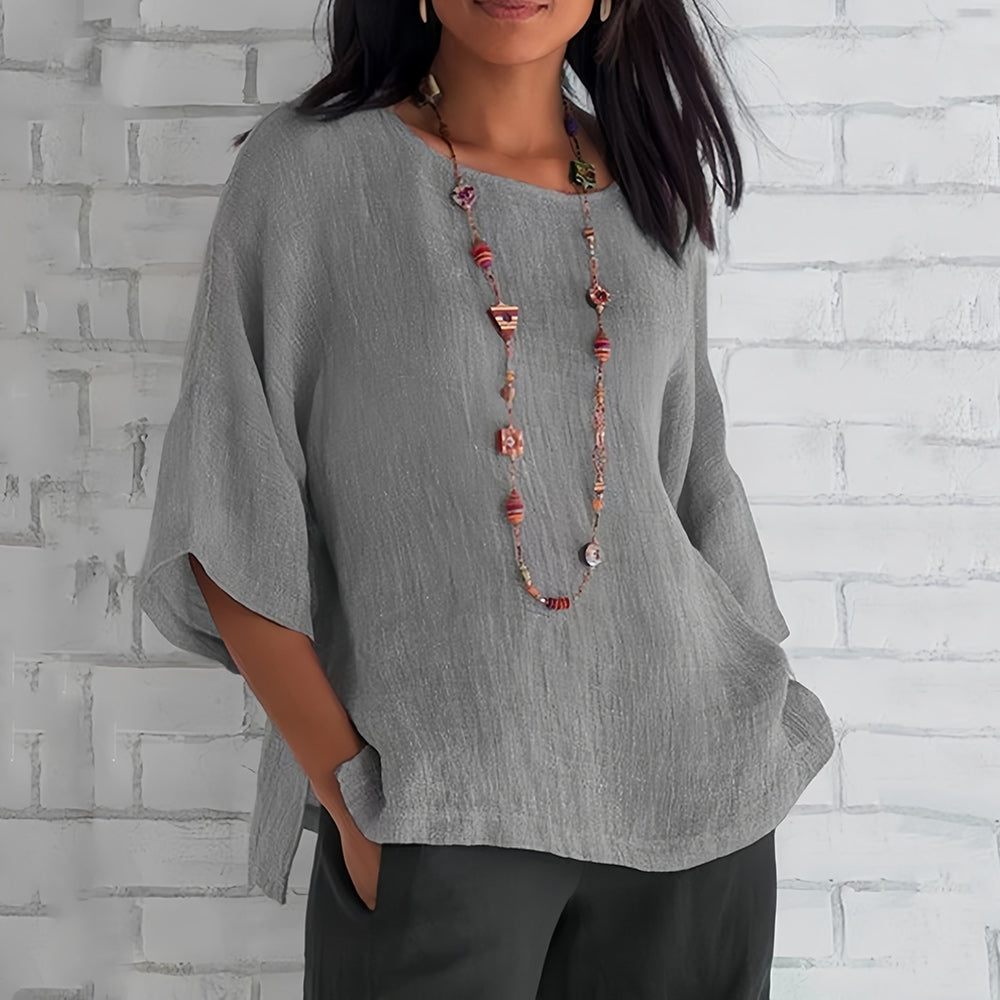 WW | Rosafarbenes, lockeres Rundhals-Shirt mit 3/4-Ärmeln für Damen