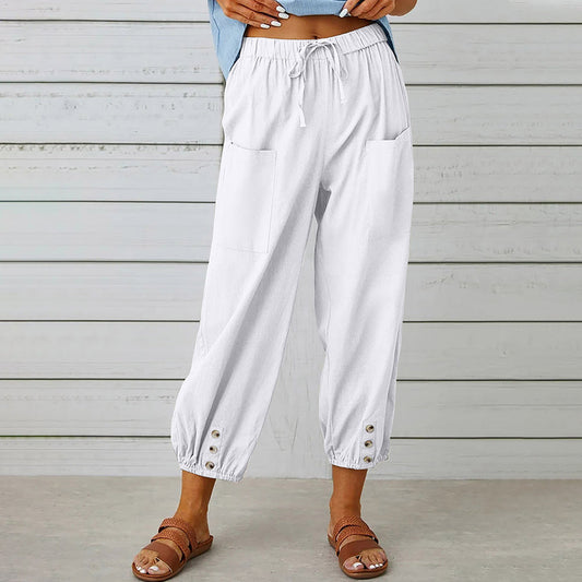 WW | kurze Damen-Overalls aus Baumwolle und Leinen mit Taschen und Knöpfen