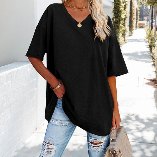 WW | einfarbiges neues Damen-T-Shirt aus Baumwolle mit V-Ausschnitt