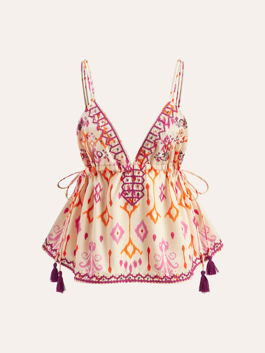 WW | Embroidered Boho Tassel Tie Cami Top
