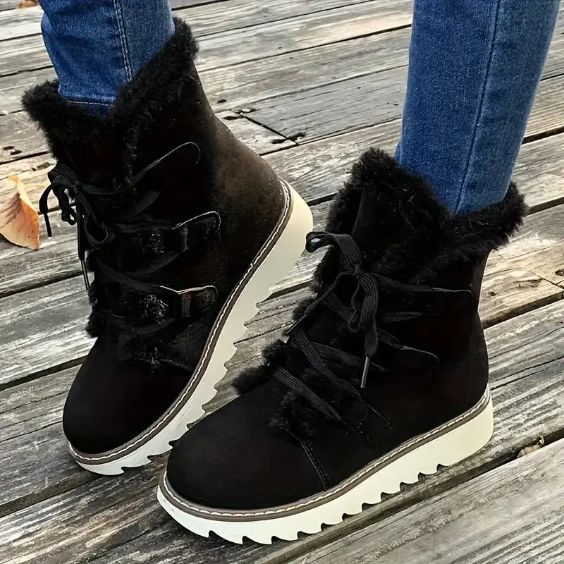WW | Stiefel, Schnürung Plattform weiche Sohle Plüsch gefüttert Winterstiefel
