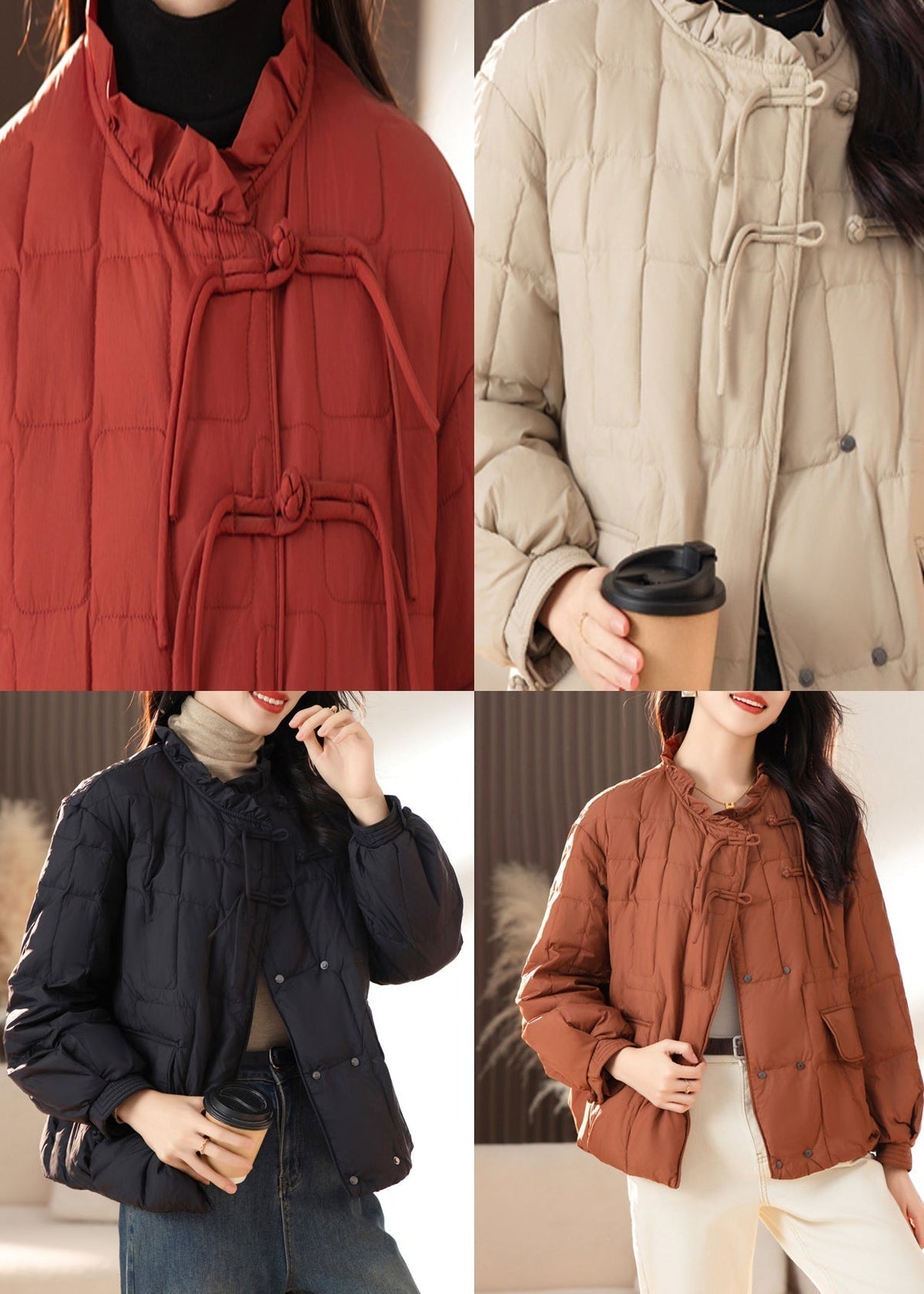 WW | Fringed Button Patchwork Fine Cotton-Padded Coats Ruffle Winter