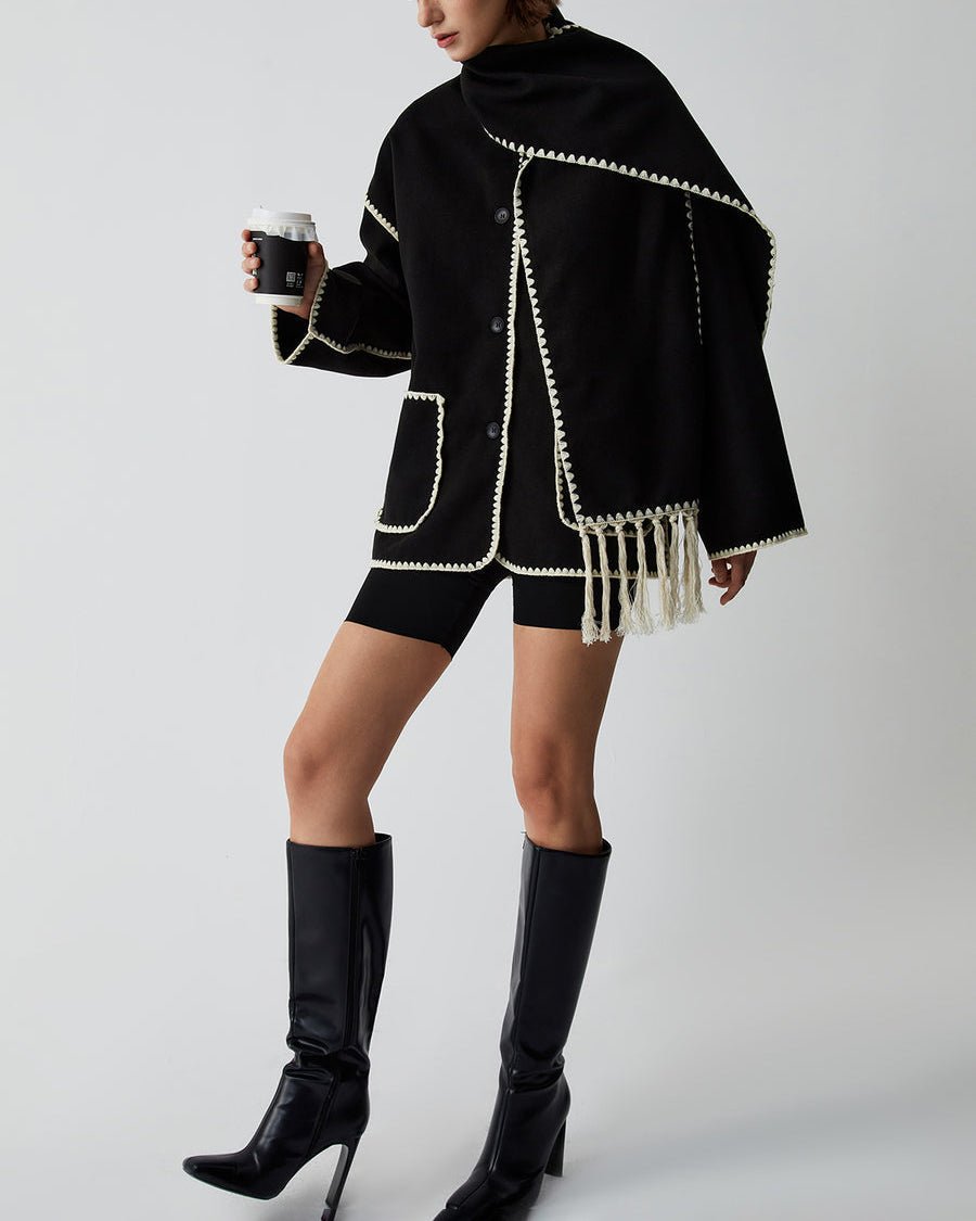 WW | Blend Cape Coat - Fringe Trim - Oversized - Elegant Statement Outerwear