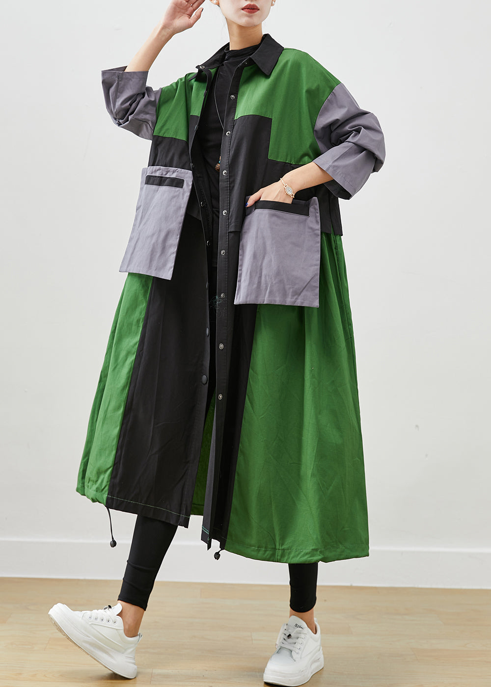WW | Green Oversized Patchwork Pocket Cotton Coats