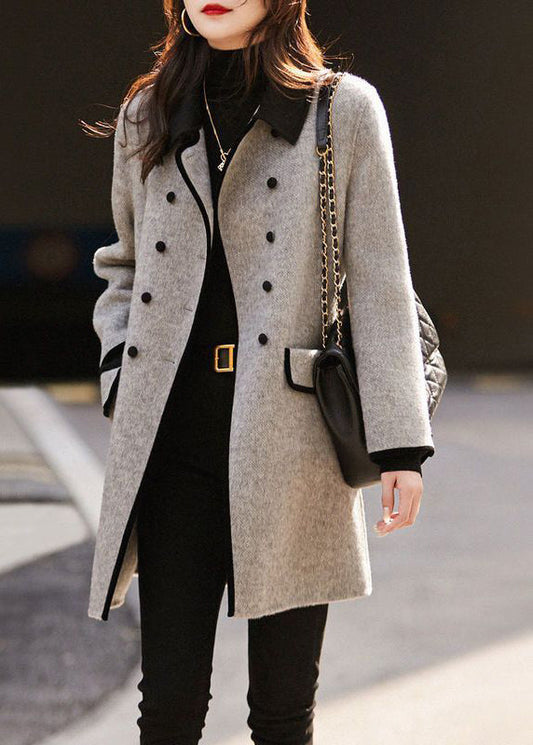 Monique™ - Französischer Grauer Doppelbrust-Patchwork-Trench aus Wolle Herbst