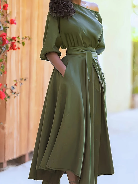 WW | Off-Shoulder Midi Dress with Belt and Asymmetrical Hem