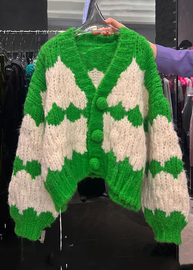 WW | Green V-Neck Button Patchwork Cotton Knit Coats