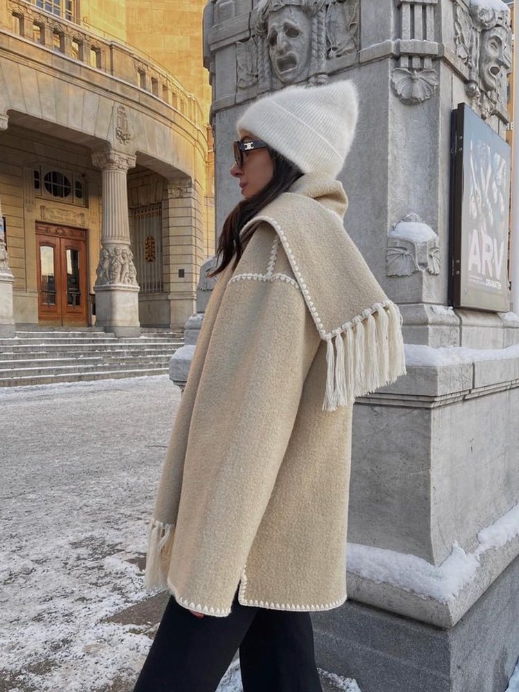 WW | Blend Cape Coat - Fringe Trim - Oversized - Elegant Statement Outerwear
