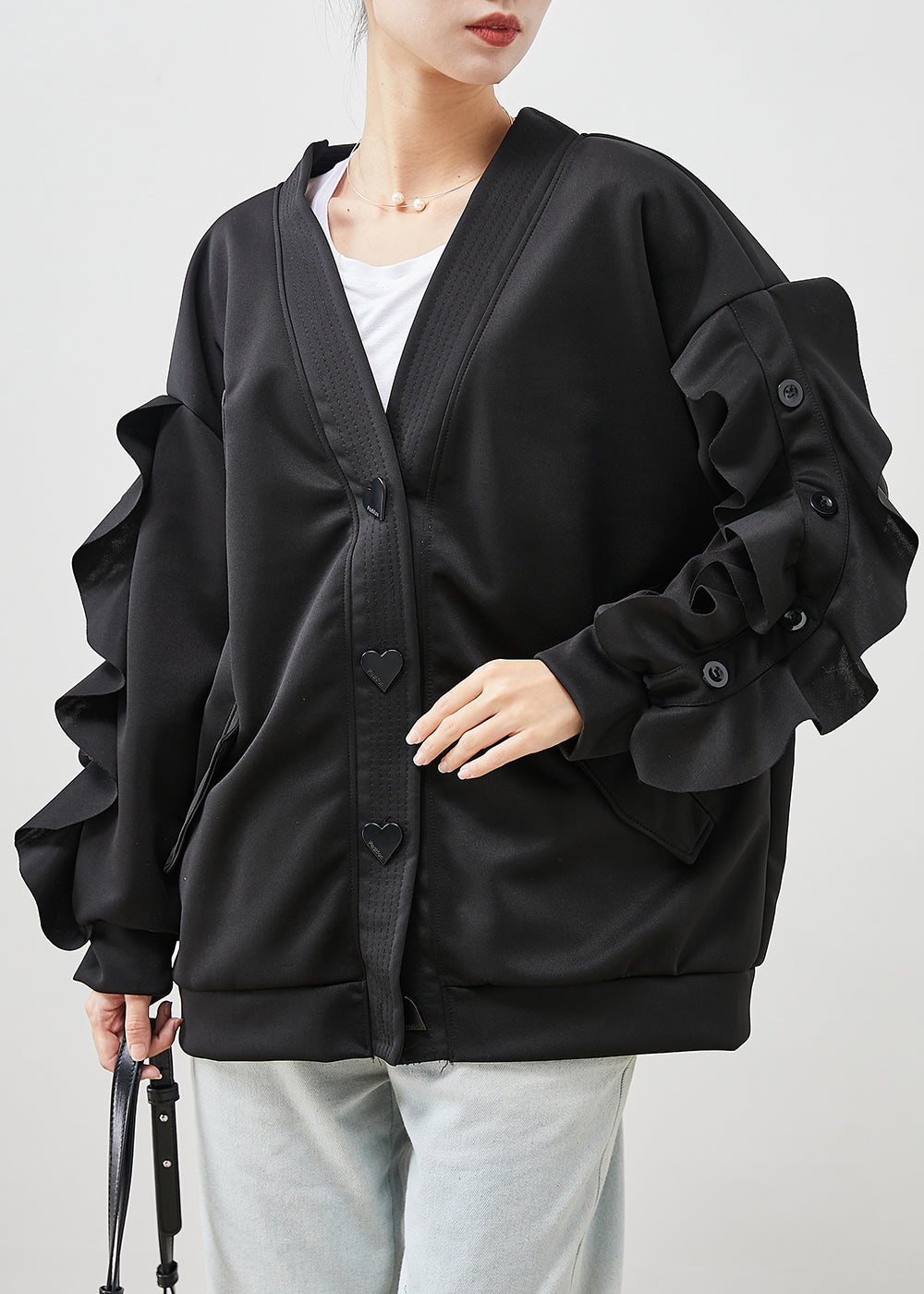 WW | Black Ruffle Shirt Patchwork Cotton Jackets