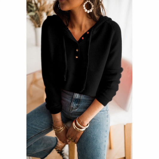 Damen cropped Kapuzenpullover mit strukturiertem Stoff und dekorativen Knöpfen WW