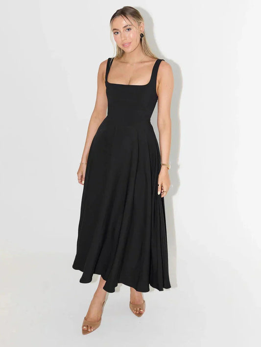 High-Waisted Square-Neck Midi Dress