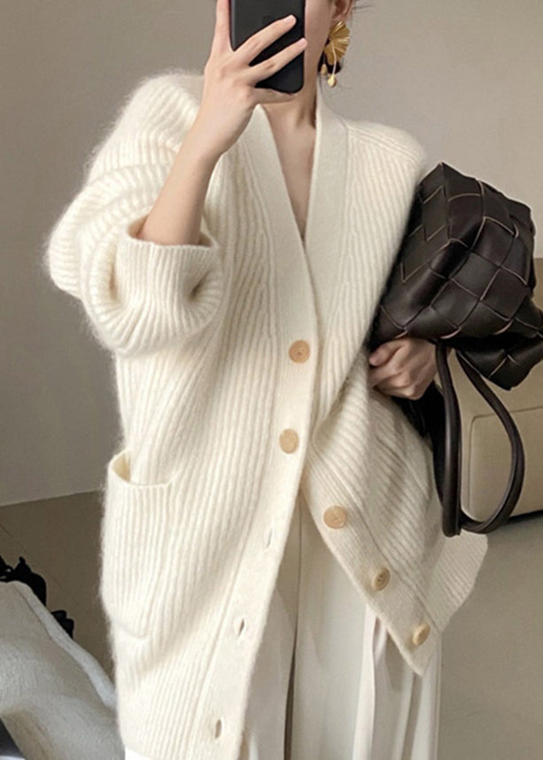 WW | Size Beige V-Neck Button Pockets Cotton Knit Coats