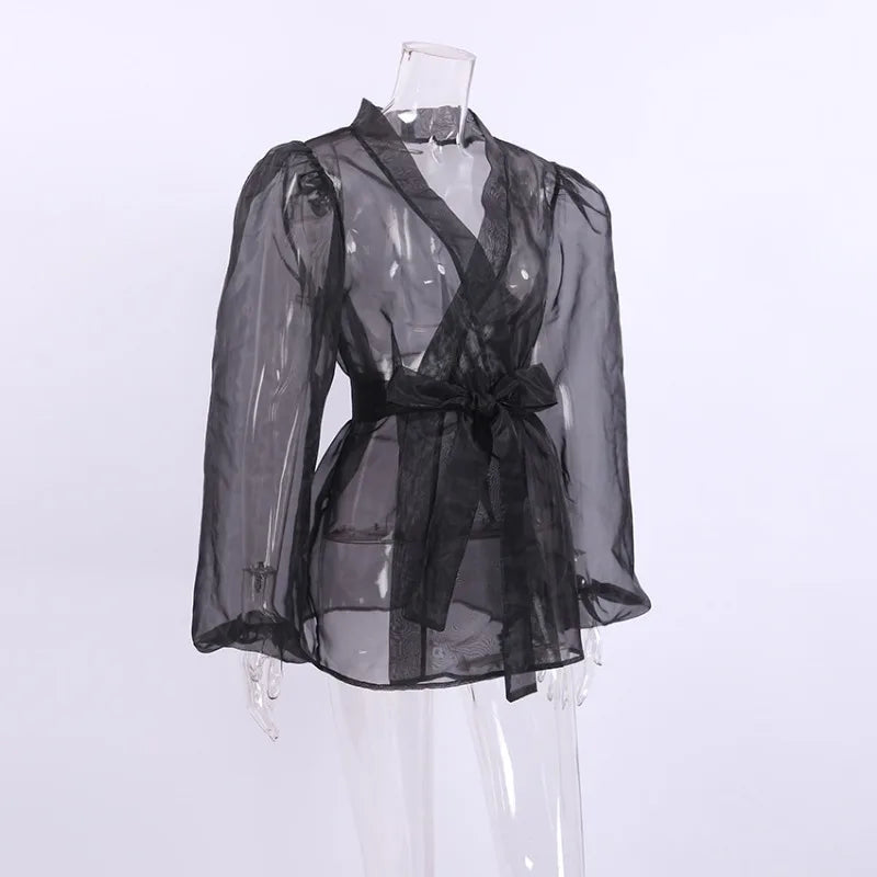 WW | Sheer Organza Blouse with Tie Belt