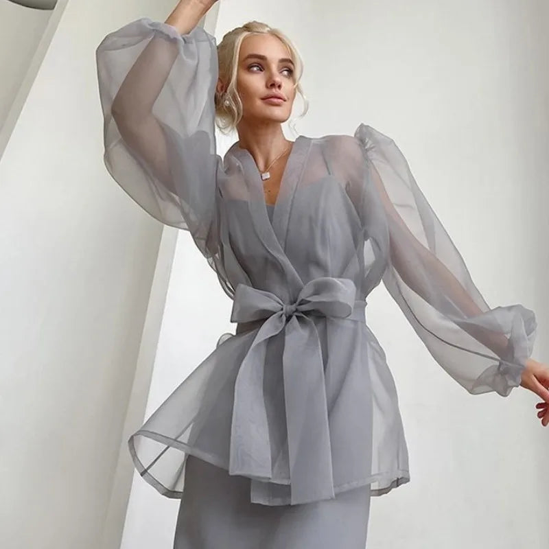 WW | Sheer Organza Blouse with Tie Belt
