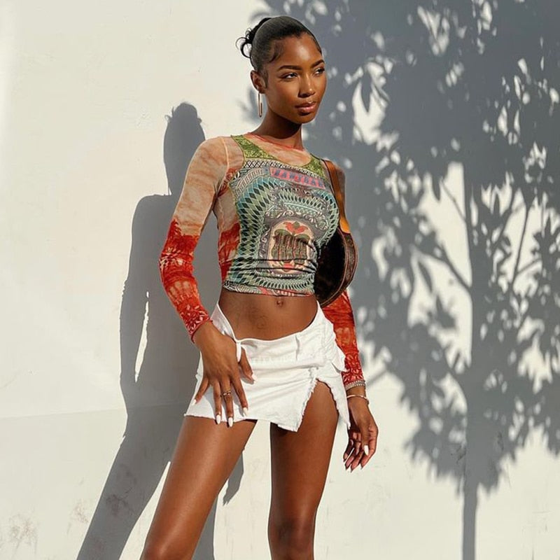 WW | Long-sleeved Mesh Top with Tattoo Print