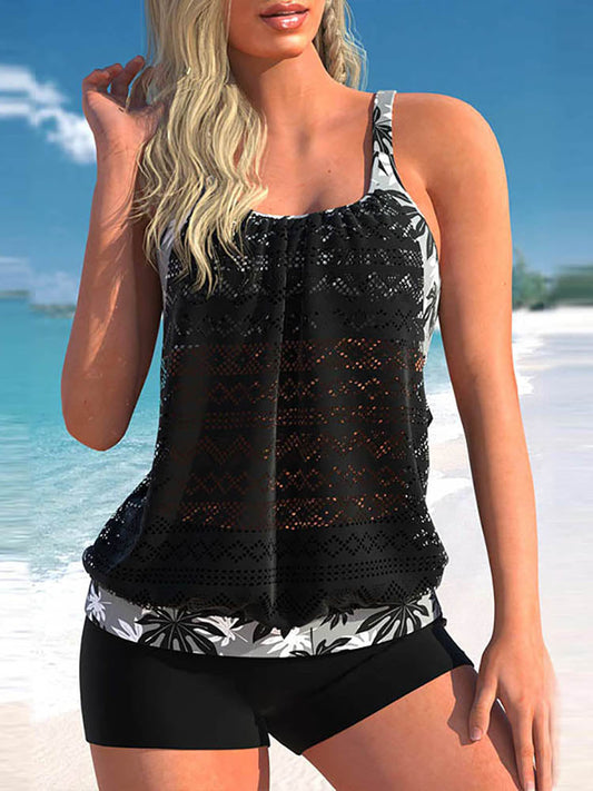 WW | Plus Size Tankini Set With Lace Trim And Leaf Pattern