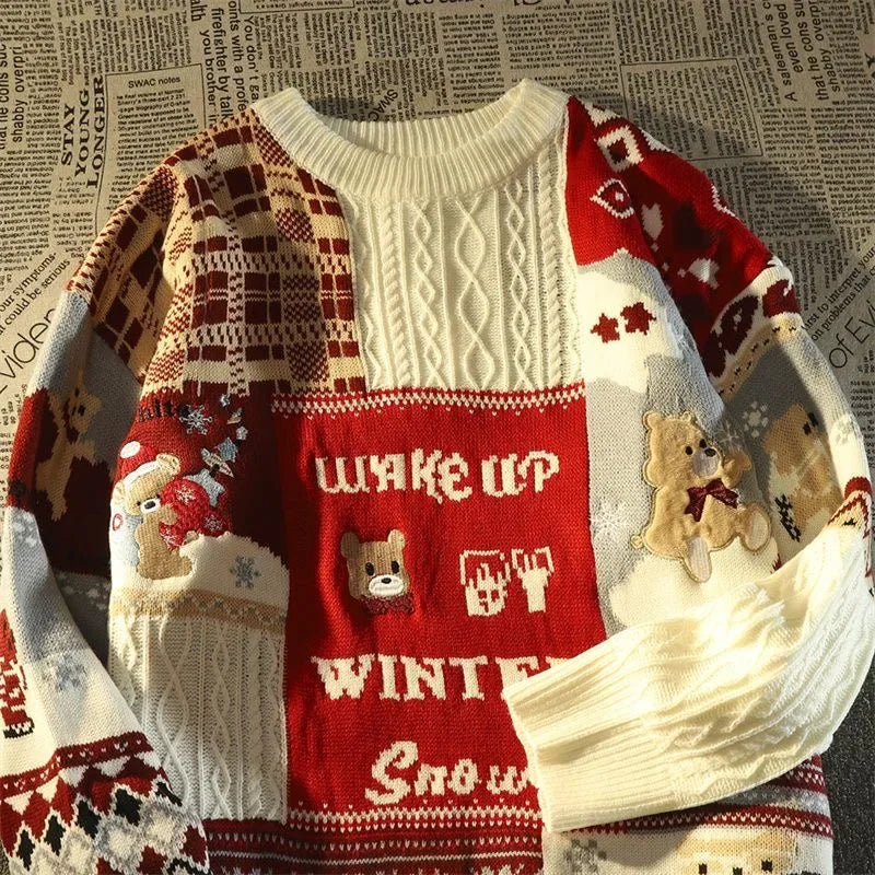WW -Hässlicher Weihnachtspulli - Lockerer Retro-Pullover mit V-Ausschnitt und Farbblock-Design