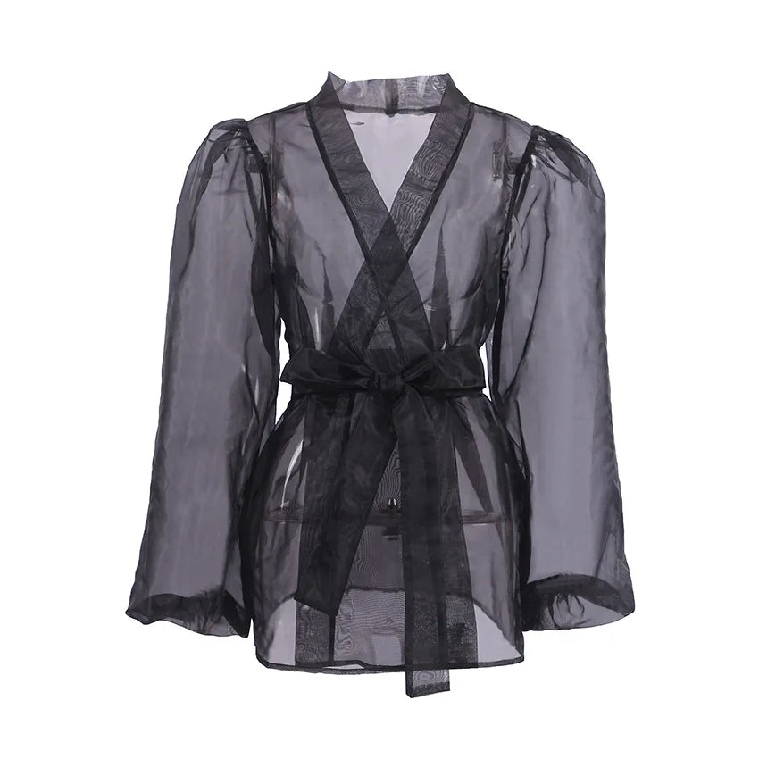 WW | Sheer Organza Blouse with Tie Belt