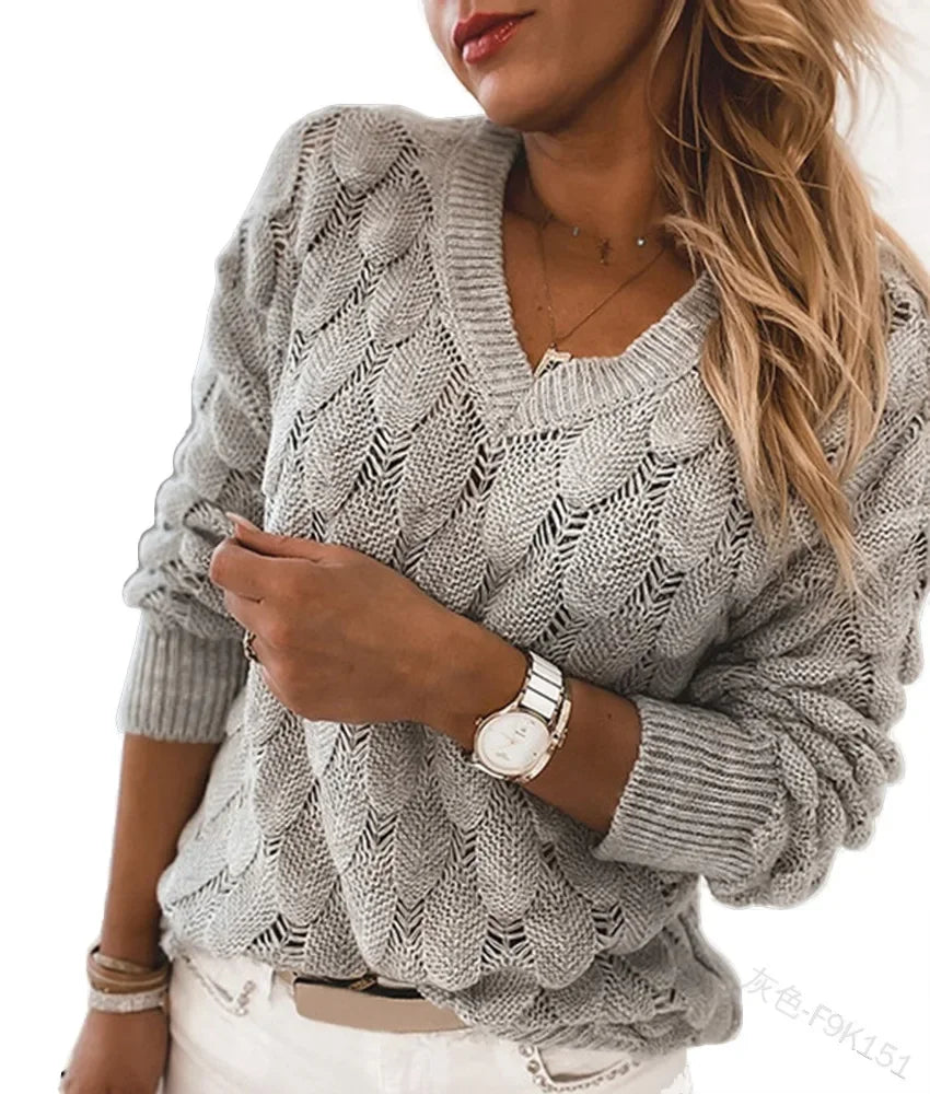 WW | Strickpullover im Zopfmuster - Bequemer V-Ausschnitt Pullover mit Langarm