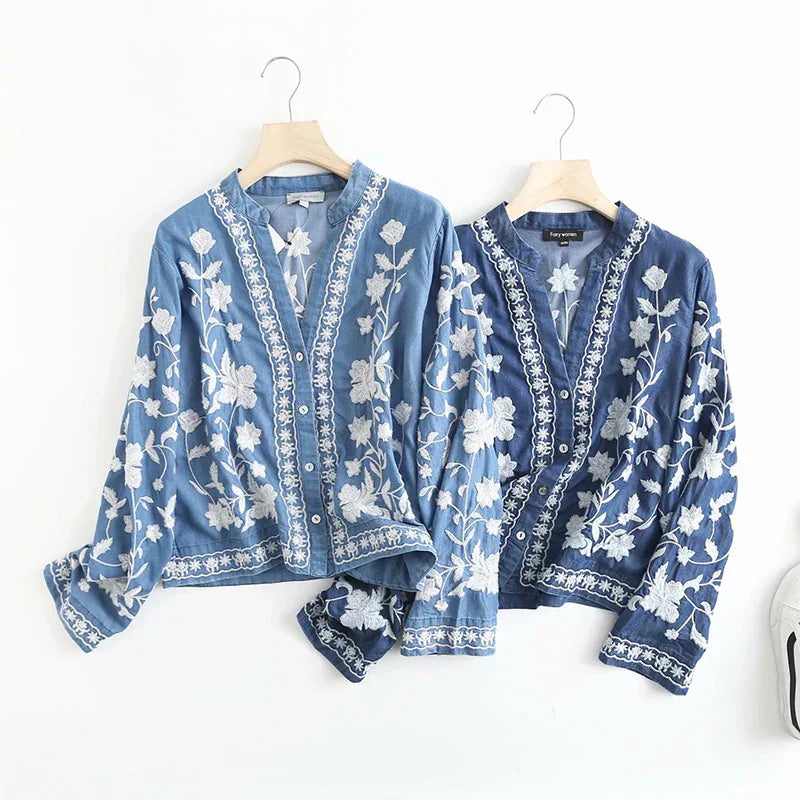 WW | Embroidered Floral Blouse with Button Placket
